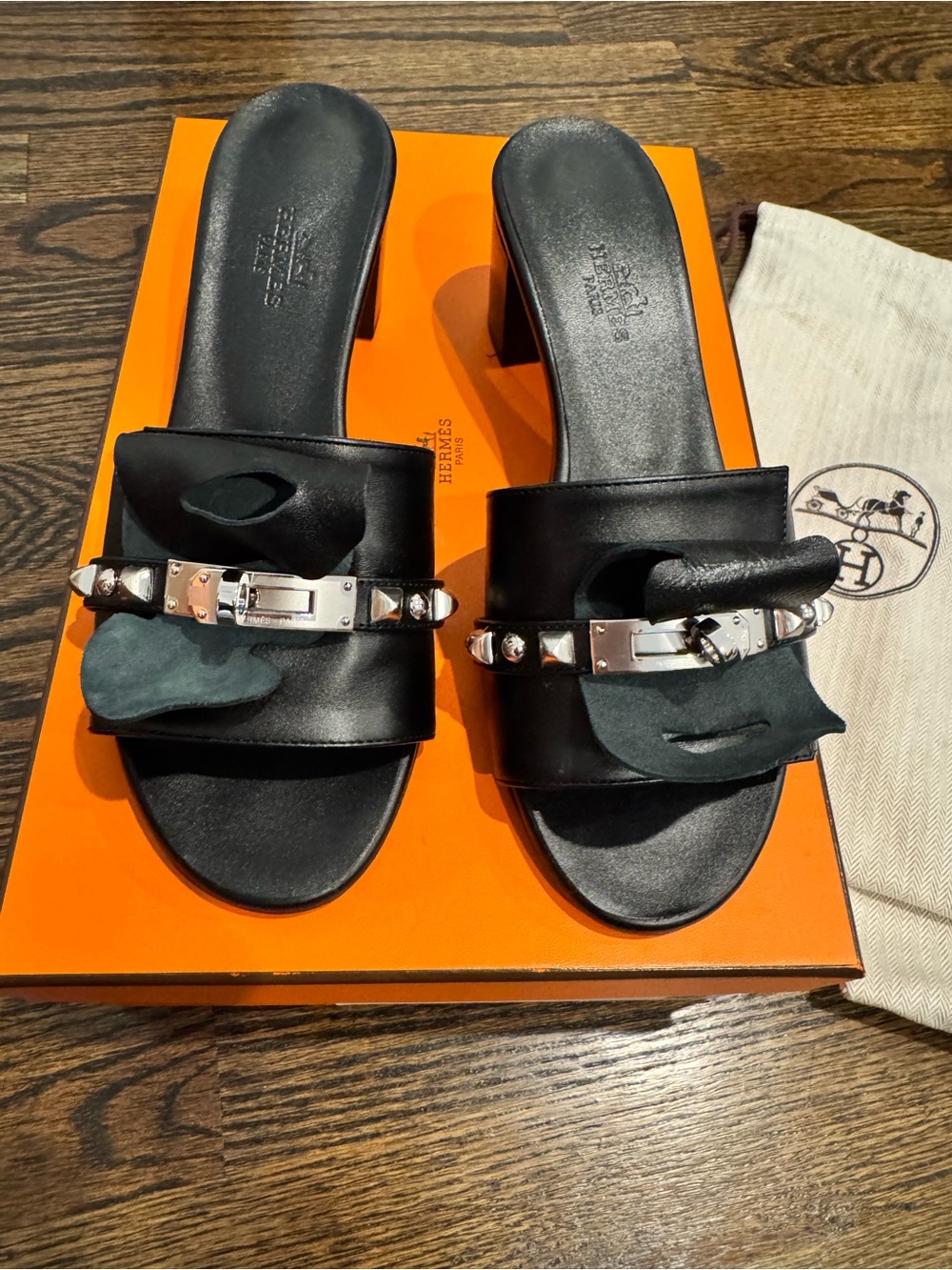 Hermes Black Leather Slide Heels with Silver Stud Hardware